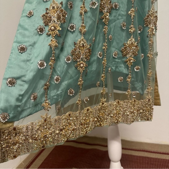 Mint Green and Gold Three-Piece Salwar Kameez Heavy Stonework| Size Approx Large - Picture 5 of 14